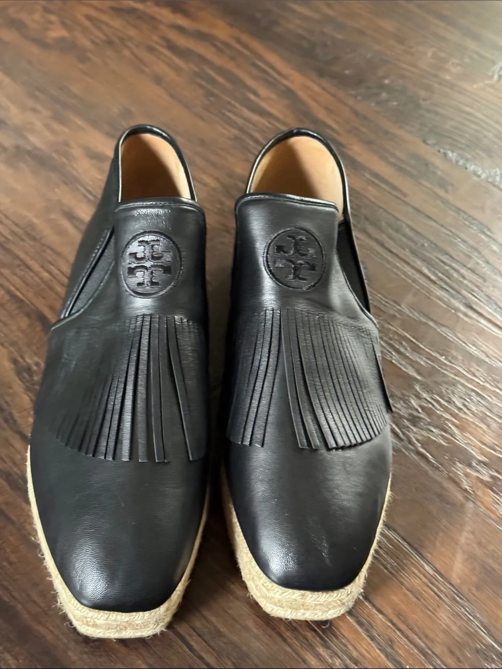 Tory Burch Black Leather Fringe Espadrille Slip-Ons
